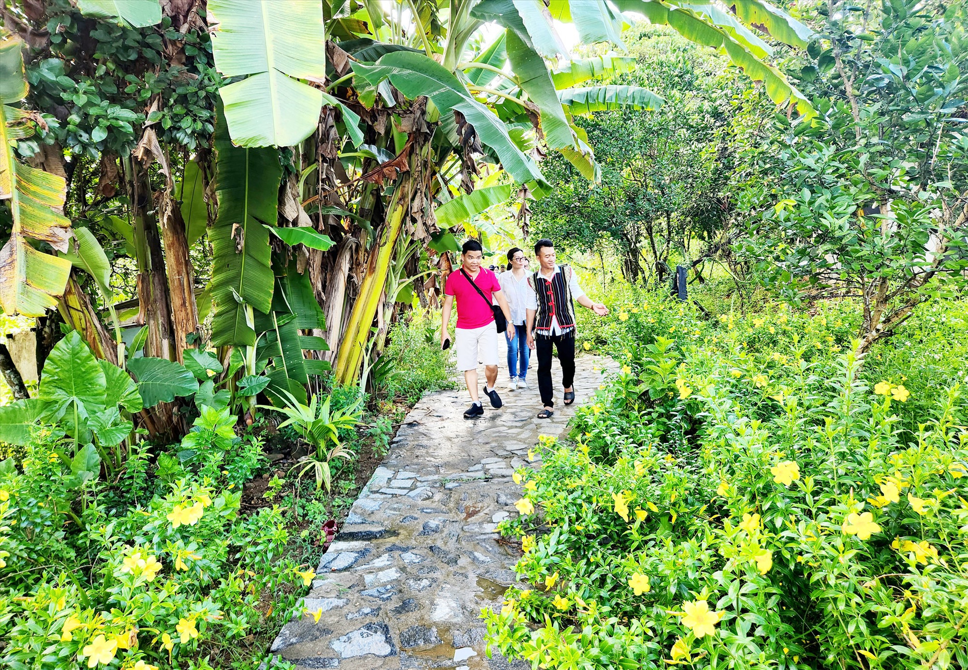 Du khách tham quan làng văn hóa Cao Sơn (huyện Bắc Trà My). Ảnh: Q.T