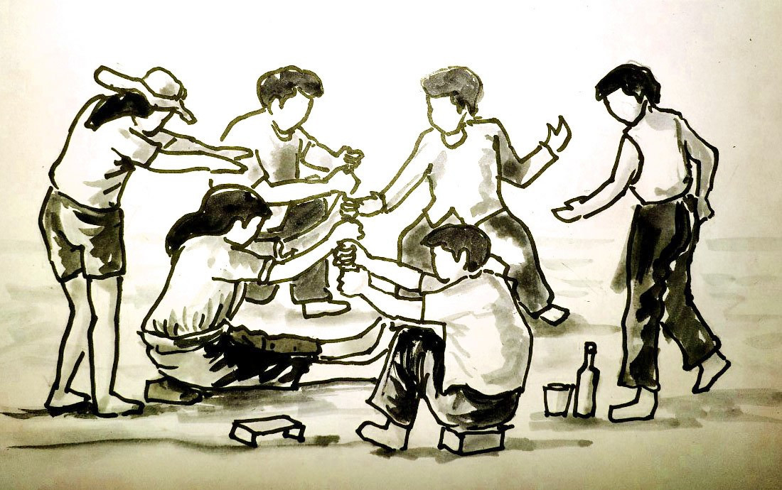 Trò chơi “Banh nẻ”. Tranh minh họa của họa sĩ Trần Công Thiệm.