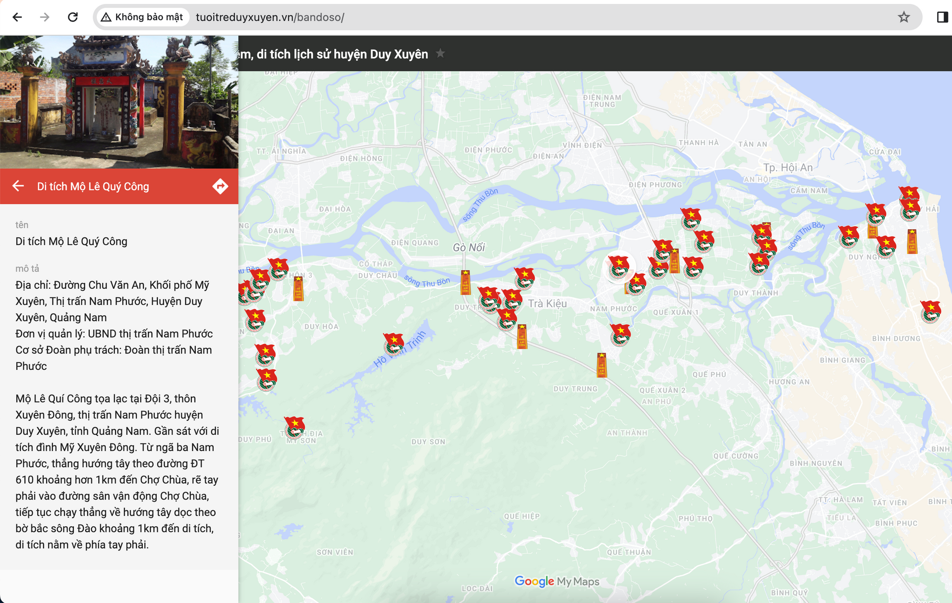 Giao diện bản đồ số các địa chỉ di tích lịch sử dẫn từ kênh Zalo và Fanpage của Huyện đoàn Duy Xuyên. Ảnh: PHAN VINH