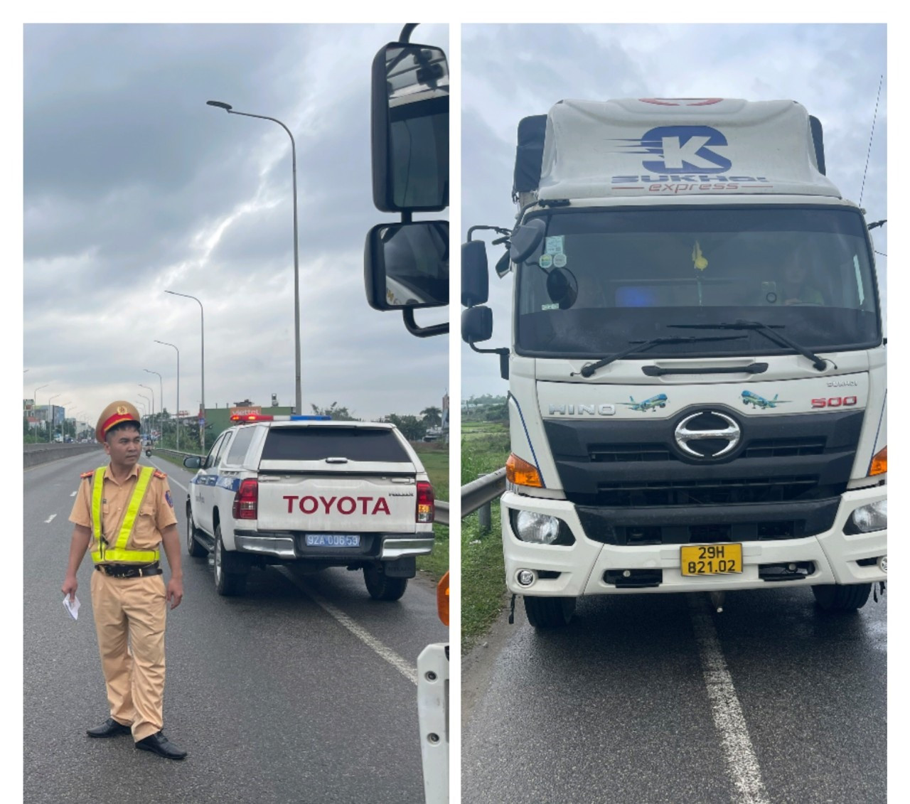 CSGT truy đuổi đến địa bàn Quảng Ngãi thì dừng được xe tải liên quan vụ tai nạn giao thông tại xã Tam Hiệp. Ảnh: CSGT cung cấp
