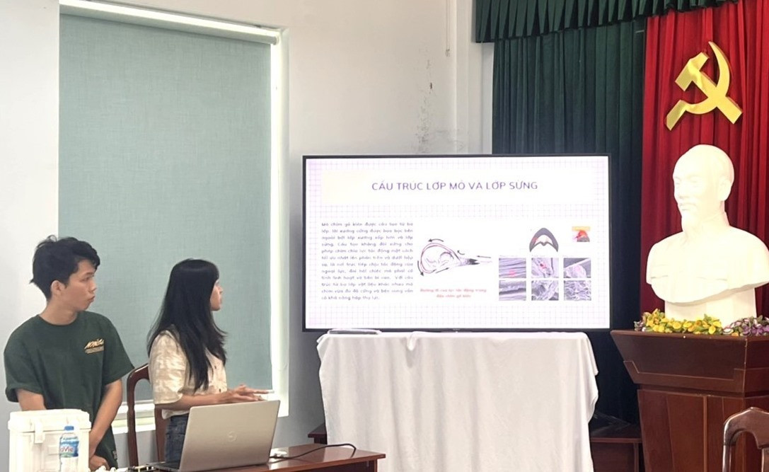 Nhóm tác giả trình bày giải pháp kỹ thuật trước hội đồng giám khảo Hội thi Sáng tạo kỹ thuật tỉnh Quảng Nam lần thứ XI (năm 2022 - 2023). Ảnh: T.Đ
