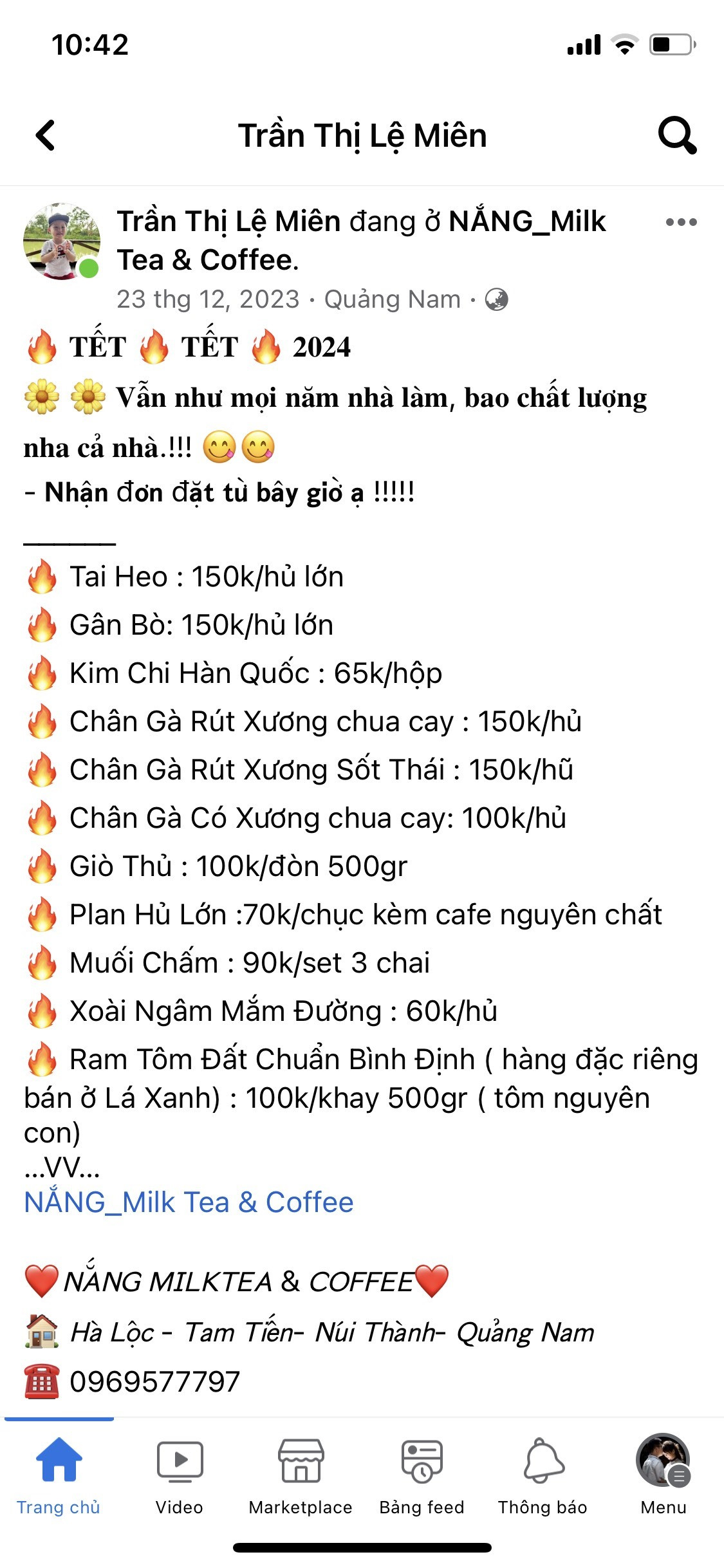 Danh mục các món ăn ngày Tết được chị Miên đăng trên facebook cá nhân để mọi người đặt hàng
