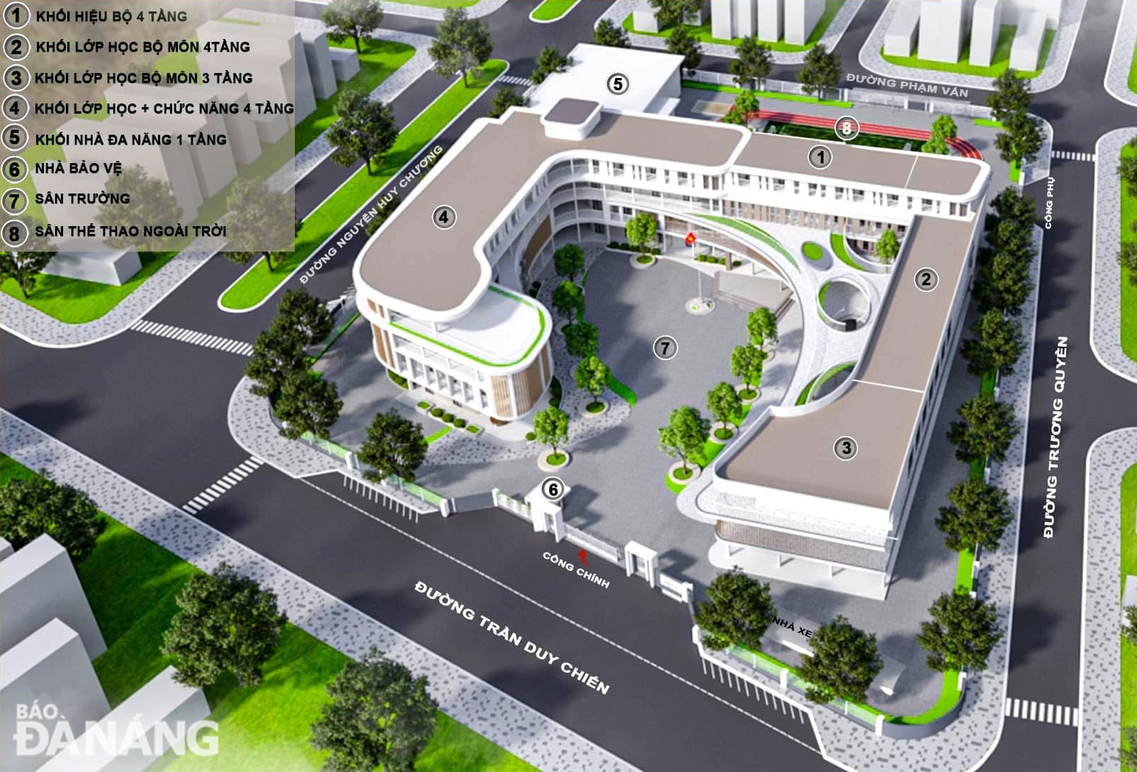 Thành phố quyết định chủ trương đầu tư trước khối lớp học và chức năng (khối nhà số 4, bên trái) tại Trường THCS Nguyễn Chí Thanh. Trong ảnh: Phối cảnh tổng thể đề xuất cải tạo, nâng cấp Trường THCS Nguyễn Chí Thanh. Ảnh: H.H