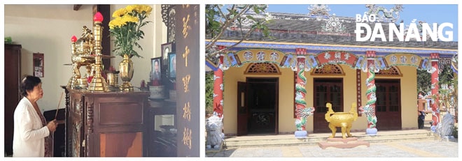 Bà Trần Thị Cả trước bàn thờ ông Học Băng, cha của bà Hai Băng (ảnh trái) và nhà thờ Thái Phiên, chồng bà Hai Băng, ở làng Nghi An. Ảnh: K.H