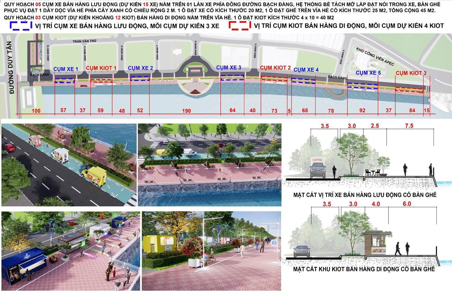 Phối cảnh mặt bằng bố trí các cụm xe và kios bán hàng lưu động.