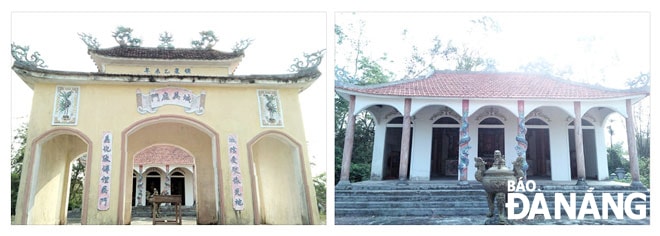 Tam quan (ảnh trái) và đình Thành Mỹ hiện nay. Ảnh: A.T