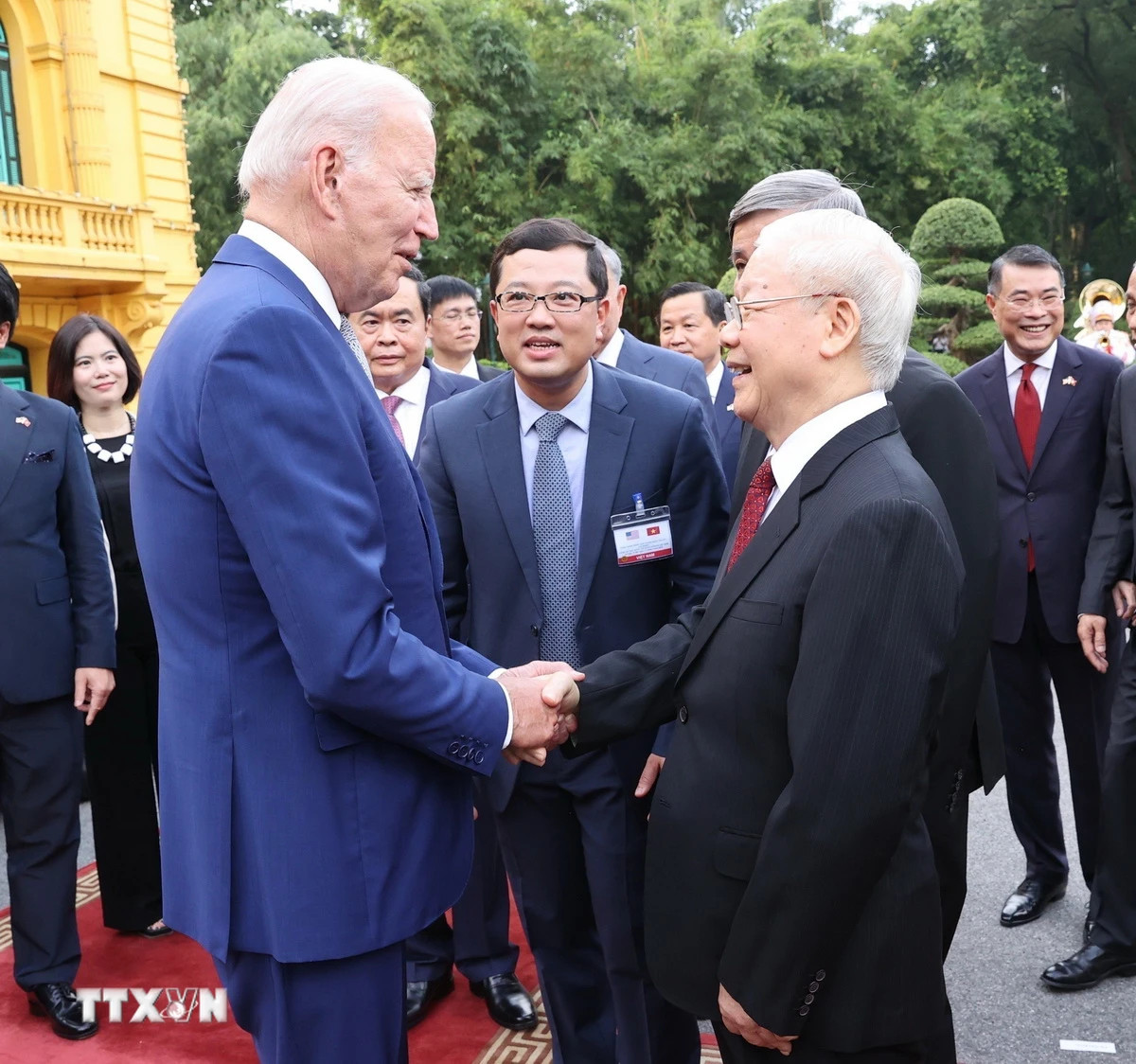 Tổng Bí thư Nguyễn Phú Trọng đón Tổng thống Hoa Kỳ Joe Biden thăm cấp Nhà nước tới Việt Nam từ ngày 10 đến ngày 11/9/2023.. (Ảnh: Trí Dũng/TTXVN)