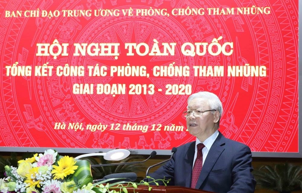 Tổng Bí thư Nguyễn Phú Trọng phát biểu tại Hội nghị toàn quốc Tổng kết công tác phòng, chống tham nhũng giai đoạn 2013-2020. Nguồn: TTXVN