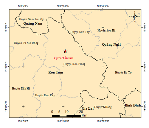 Bản đồ tâm chấn trận động đất mạnh 4,2 độ richter ở Kon Plông, khuya ngày 8/8, khiến nhiều người dân ở Bắc Trà My thức giấc bởi nghe tiếng nổ lớn và rung lắc mạnh. Nguồn: Viện Vật lý địa cầu.