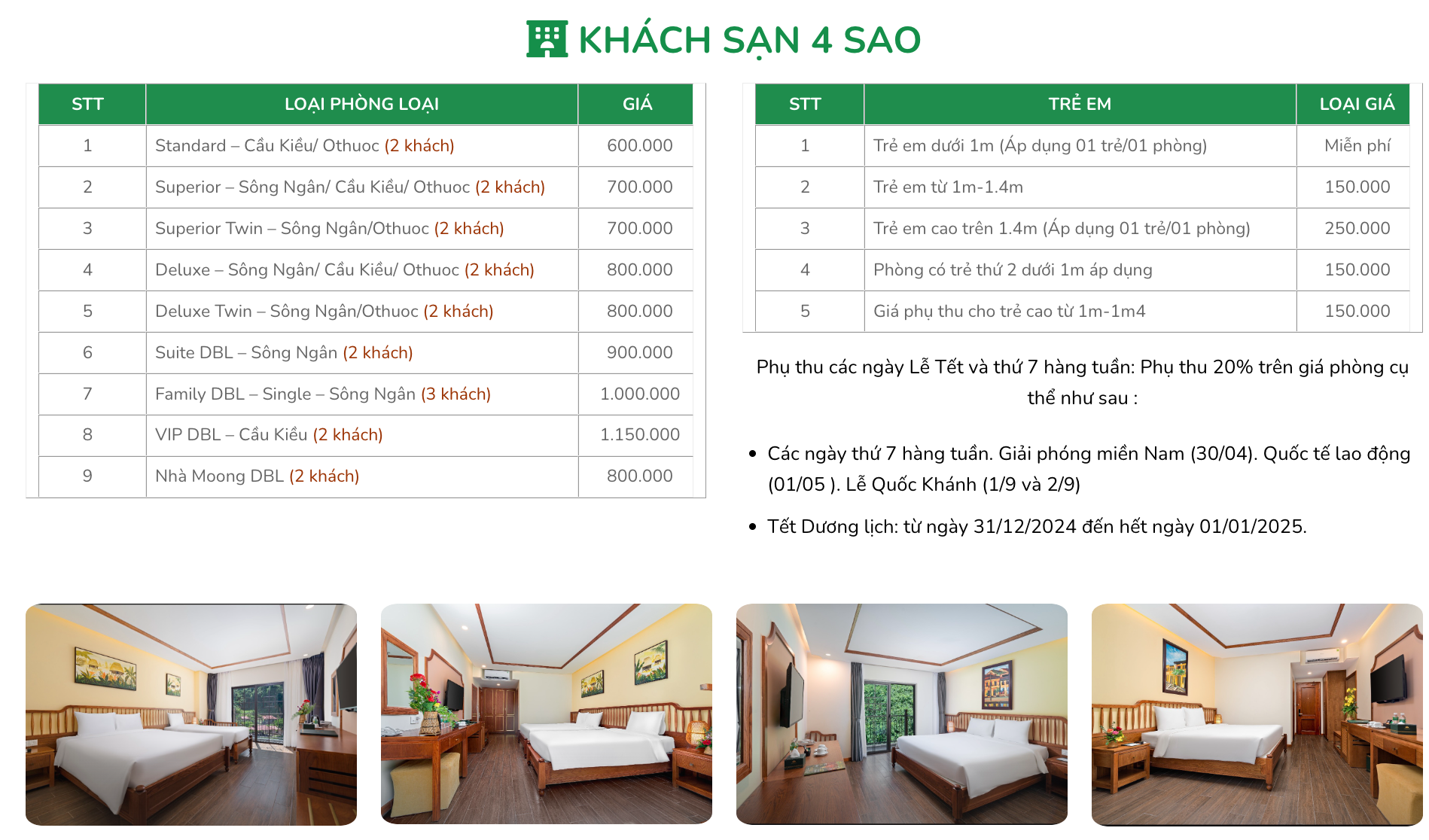 Bảng giá phòng khách sạn 4 sao trên Cổng Trời Đông Giang.