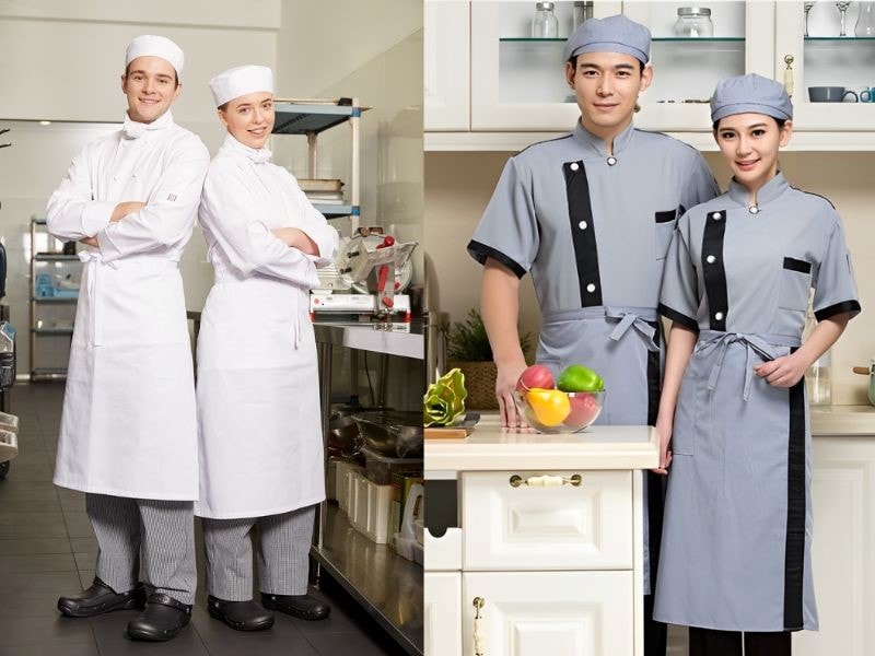 Áo bếp, nón và tạp dề chống thấm là trang phục bảo hộ cần thiết cho nhân viên. 