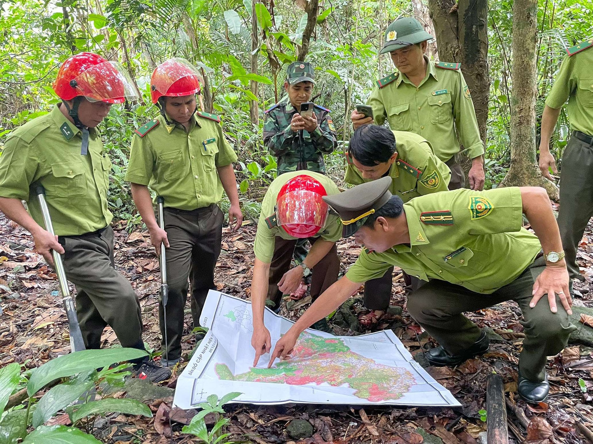 163120Lực lượng kiểm lâm huyện Đăk Glei (tỉnh Kon Tum) và kiểm lâm huyện Phước Sơn (tỉnh Quảng Nam) phối hợp tuần tra, truy quét rừng ở vùng giáp ranh.