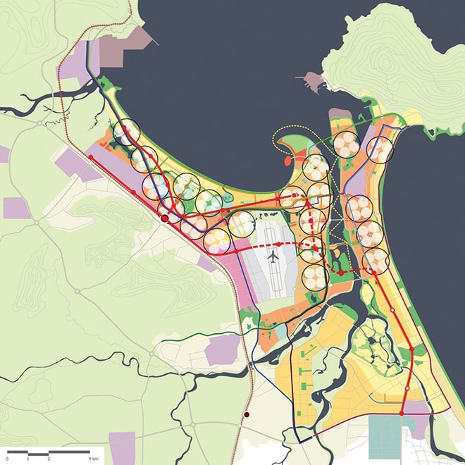 Tầm nhìn quy hoạch TP. Đà Nẵng tương lai, bao gồm quy hoạch Khu Đô thị Sân bay (Aerotropolis) và quy hoạch hệ thống đô thị gắn kết với tuyến metro theo mô hình TOD (Transit Oriented Development) của đồng Chủ nhiệm Đồ án KTS Kathrin Moore và TSKH.KTS. Ngô Viết Nam Sơn. (Nguồn: NgoViet Architects & Planners)