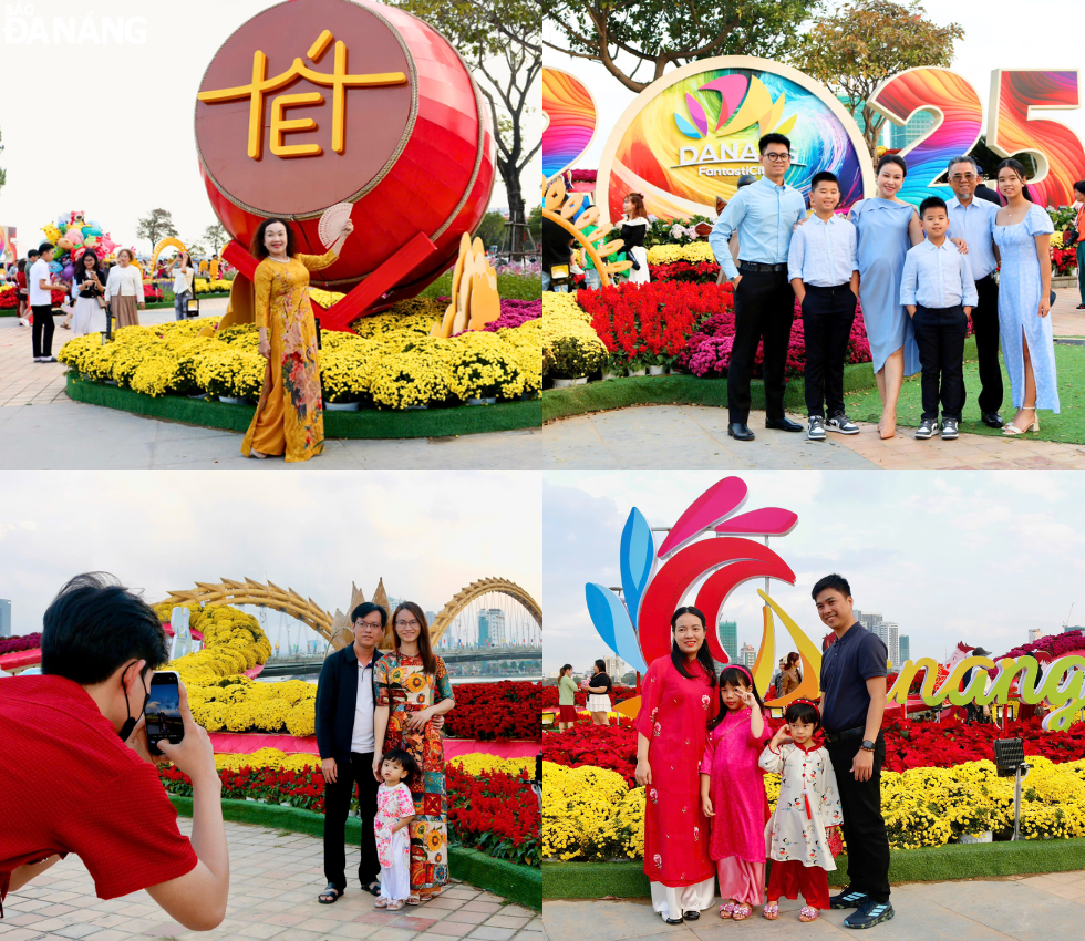 Đường hoa Bạch Đằng đa dạng tiểu cảnh, thu hút nhiều người dân địa phương và du khách đến tham quan, chụp ảnh.