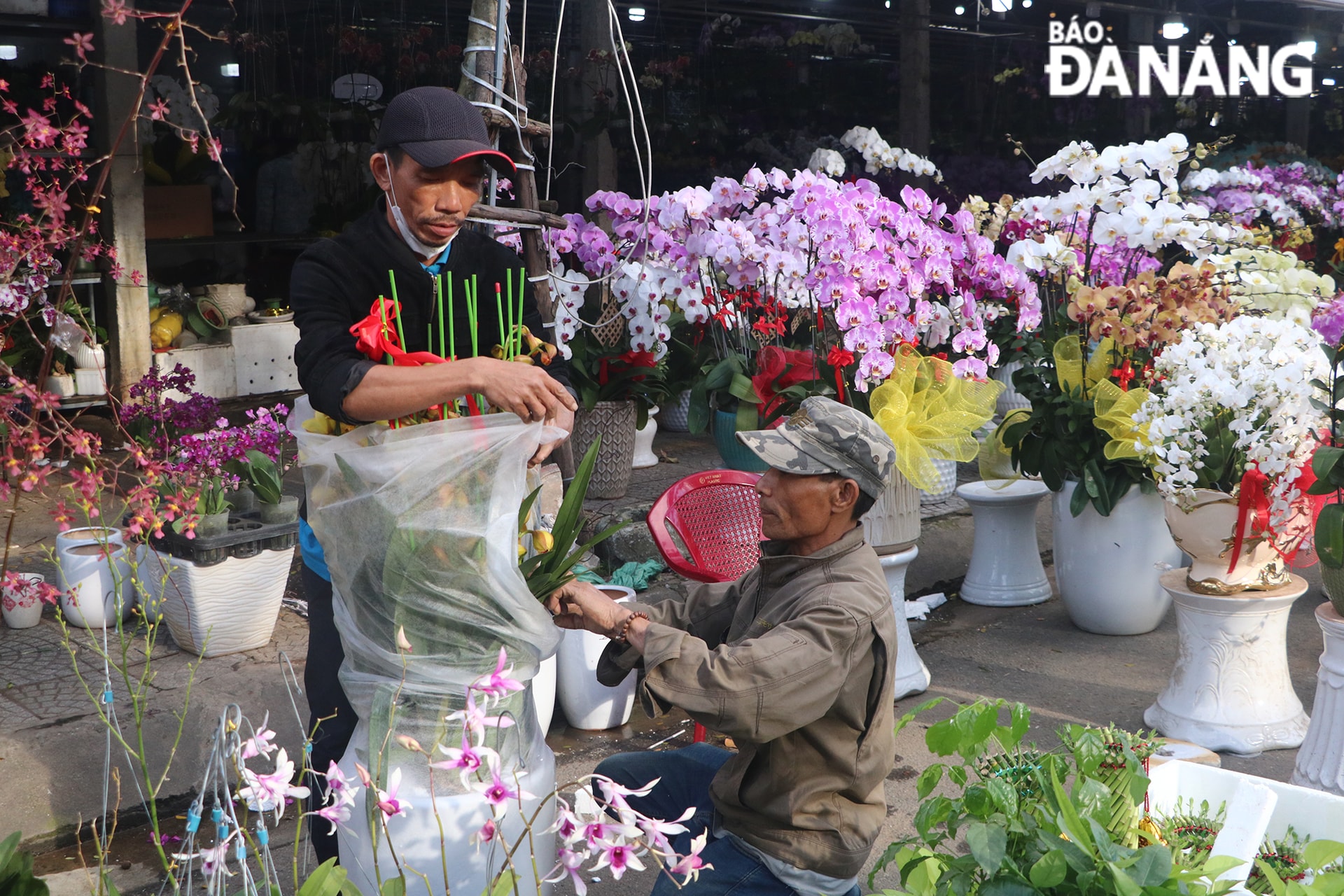 Một cửa hàng đang đóng gói hoa cẩn thận để vận chuyển cho khách hàng.