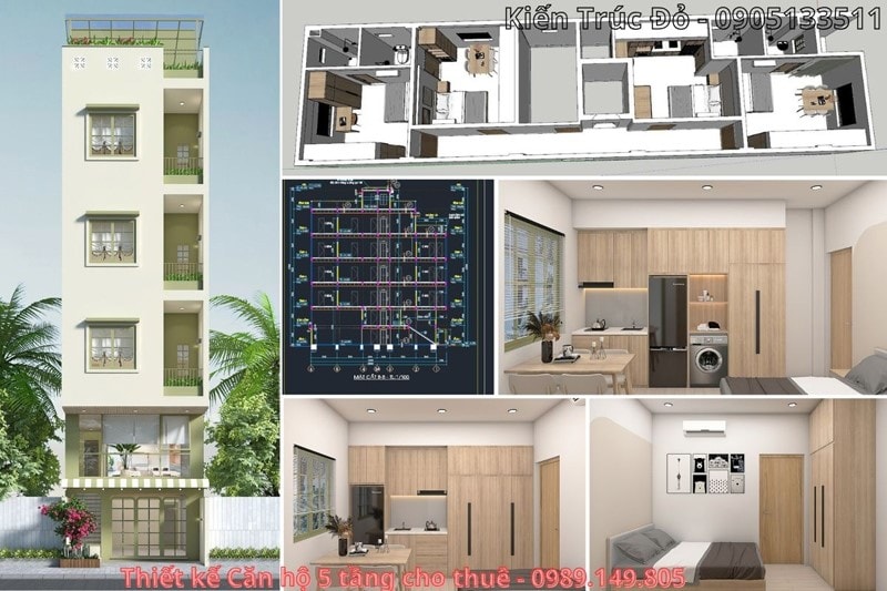 Thiết kế căn hộ 5 tầng cho thuê tối ưu công năng, đảm bảo an toàn cháy nổ.