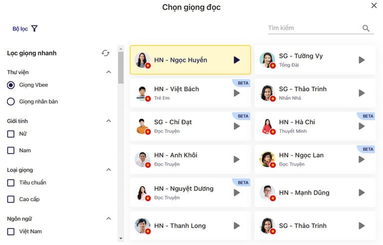 Kho giọng đọc Vbee với hơn 400 giọng đọc đa dạng theo giới tính, vùng miền và độ tuổi 