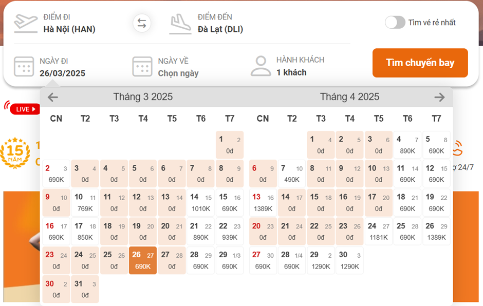 Vé máy bay 0 đồng chặng Hà Nội - Đà Lạt tại BestPrice Travel.