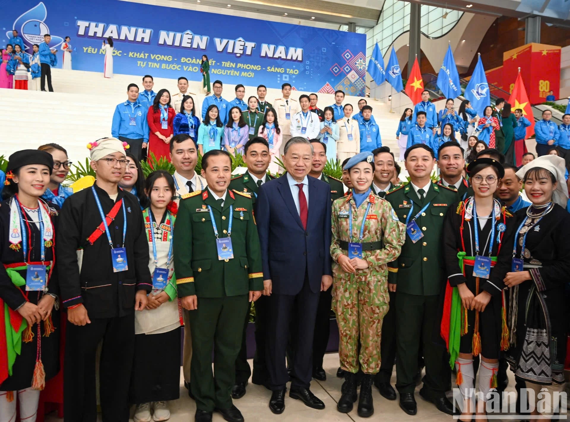 Tổng Bí thư Tô Lâm và các đại biểu dự Đại hội Liên hiệp thanh niên Việt Nam lần thứ IX. Ảnh: DUY LINH