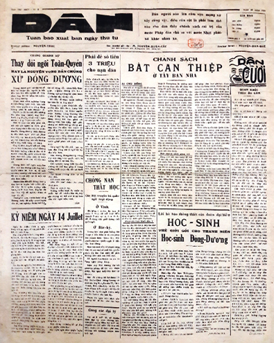 Trang nhất báo Dân, số 2 ra ngày 13.7.1938. Ảnh do nhà báo Dương Phước Thu cung cấp