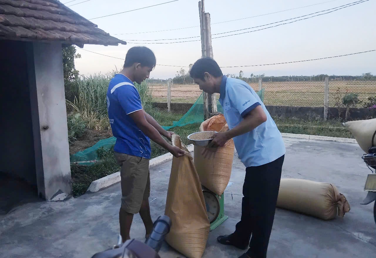 Ông Lê Văn Lâm (phải) cân lúa giống cho các hộ dân. Ảnh GIANG BIÊN