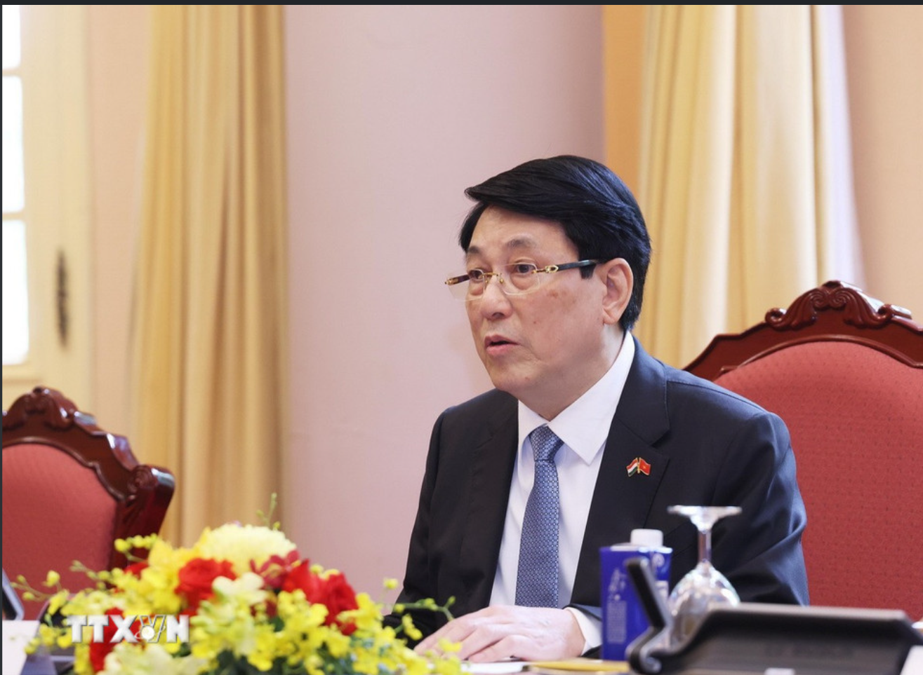 Chủ tịch nước Lương Cường  phát biểu tại hội đàm. (Ảnh: Lâm Khánh/TTXVN)
