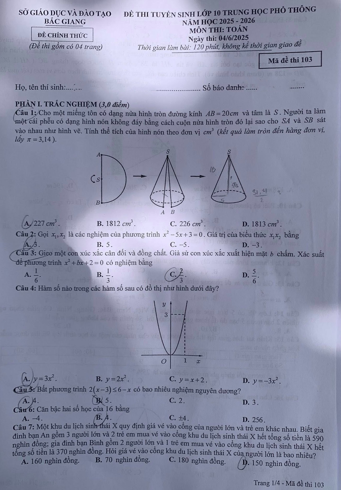 Respuestas del examen de ingreso de matemáticas de décimo grado en la provincia de Bac Giang 2025