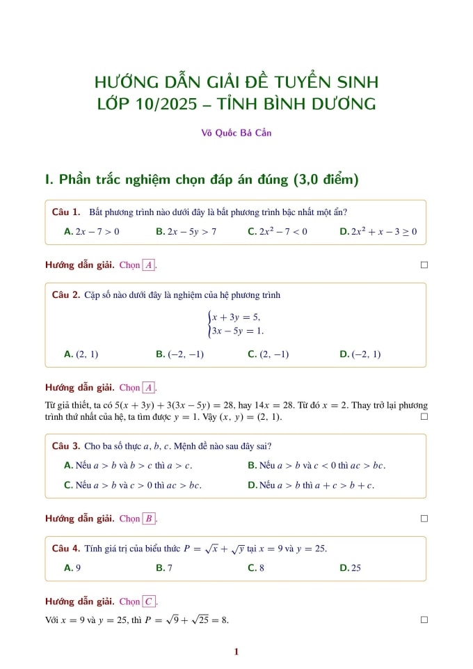 Đáp án đề thi tuyển sinh lớp 10 môn Toán tỉnh Bình Dương 2025