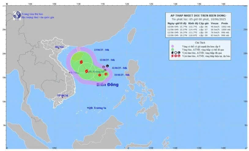 Vị trí và đường đi của áp thấp nhiệt đới. (Nguồn: Trung tâm Dự báo Khí tượng Thủy văn Quốc gia)