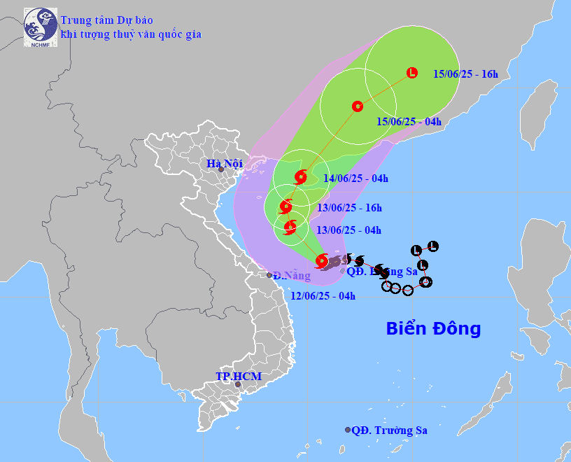 Bản đồ dự báo quỹ đạo bão số 1 sáng 12-6-2025 (Nguồn: Trung tâm dự báo khí tượng thủy văn quốc gia).
