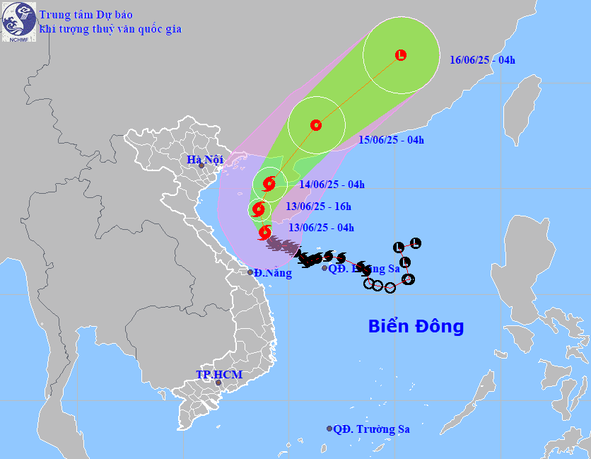 Bản đồ dự báo quỹ đạo bão số 1 sáng 13-6-2025 (Nguồn: Trung tâm dự báo khí tượng thủy văn quốc gia).