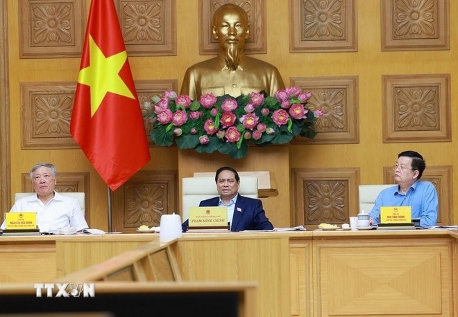 Thủ tướng Phạm Minh Chính chủ trì họp triển khai Triển lãm thành tựu của đất nước nhân dịp kỷ niệm 80 năm Quốc khánh. (Ảnh: Dương Giang/TTXVN)