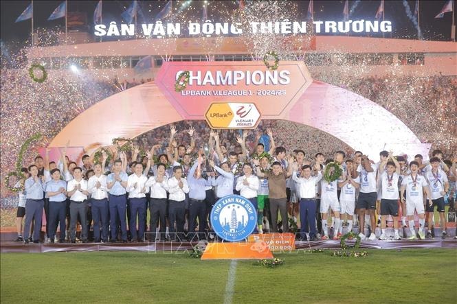Niềm vui của các cầu thủ Thép Xanh Nam Định khi giành Cúp vô địch. Ảnh: Minh Quyết/TTXVN