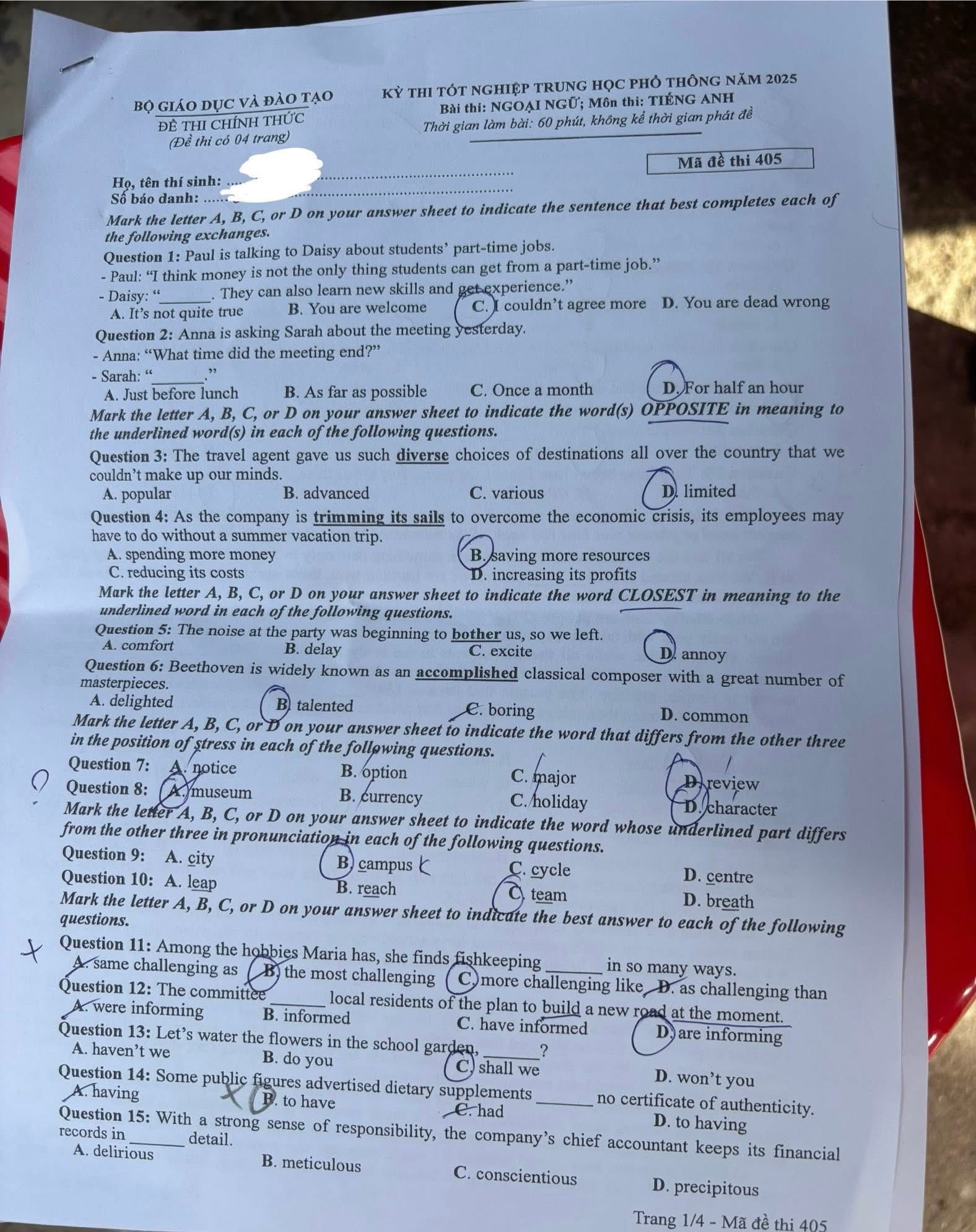 Предлагаемые ответы для старой программы экзамена по английскому языку, код 405, выпускной экзамен средней школы 2025 года