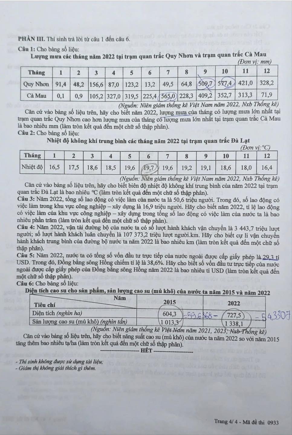 Đáp án môn Địa Lý mã đề 0933 thi tốt nghiệp THPT 2025