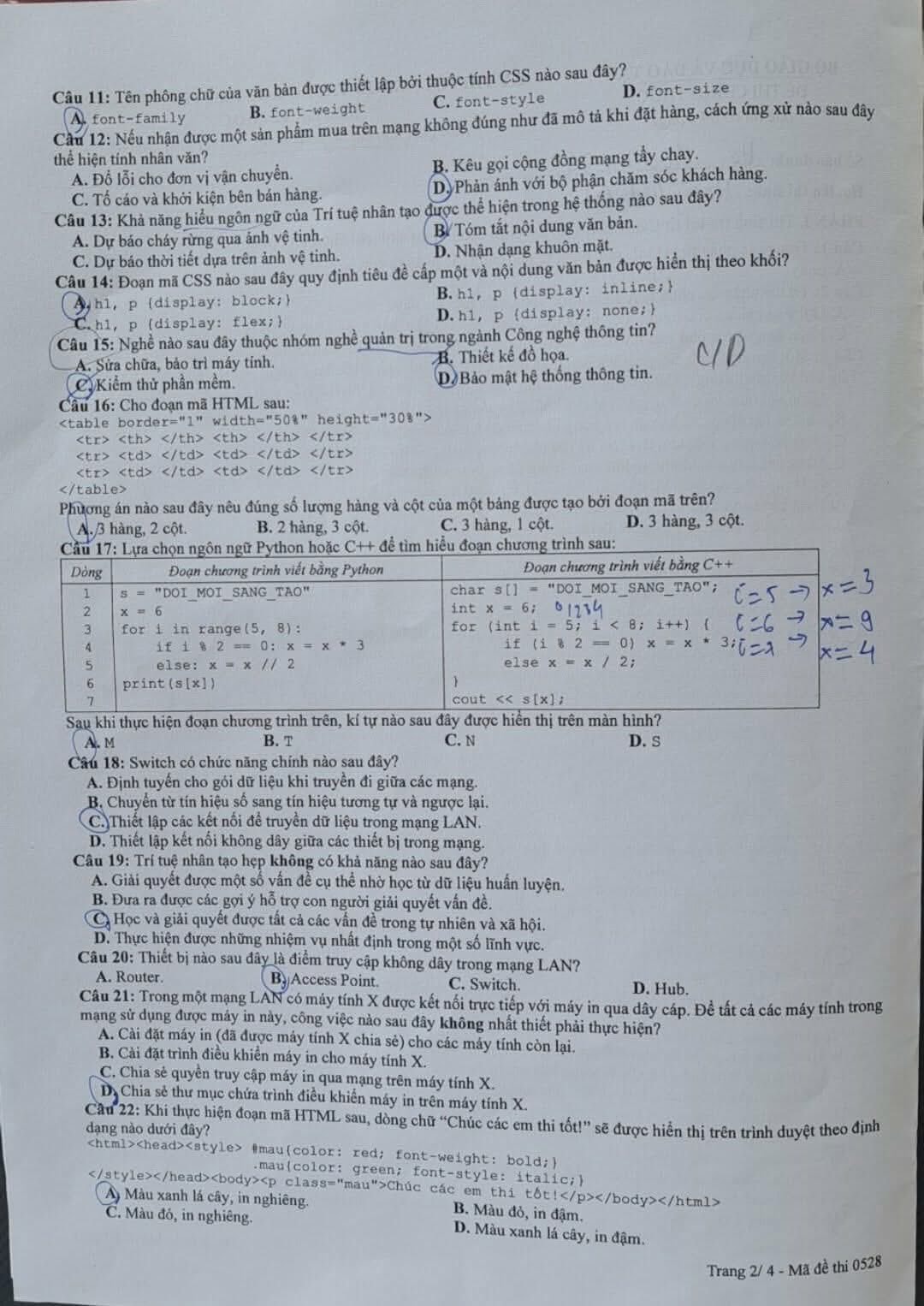 Đáp án môn Tin học mã đề 0528 thi tốt nghiệp THPT 2025