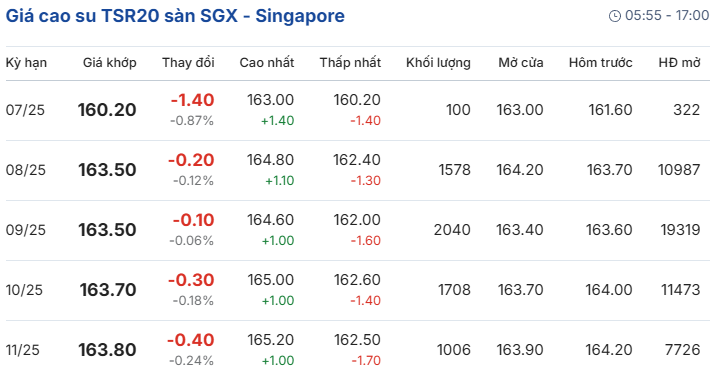 Giá cao su TSR20 sàn SGX - Singapore hôm nay