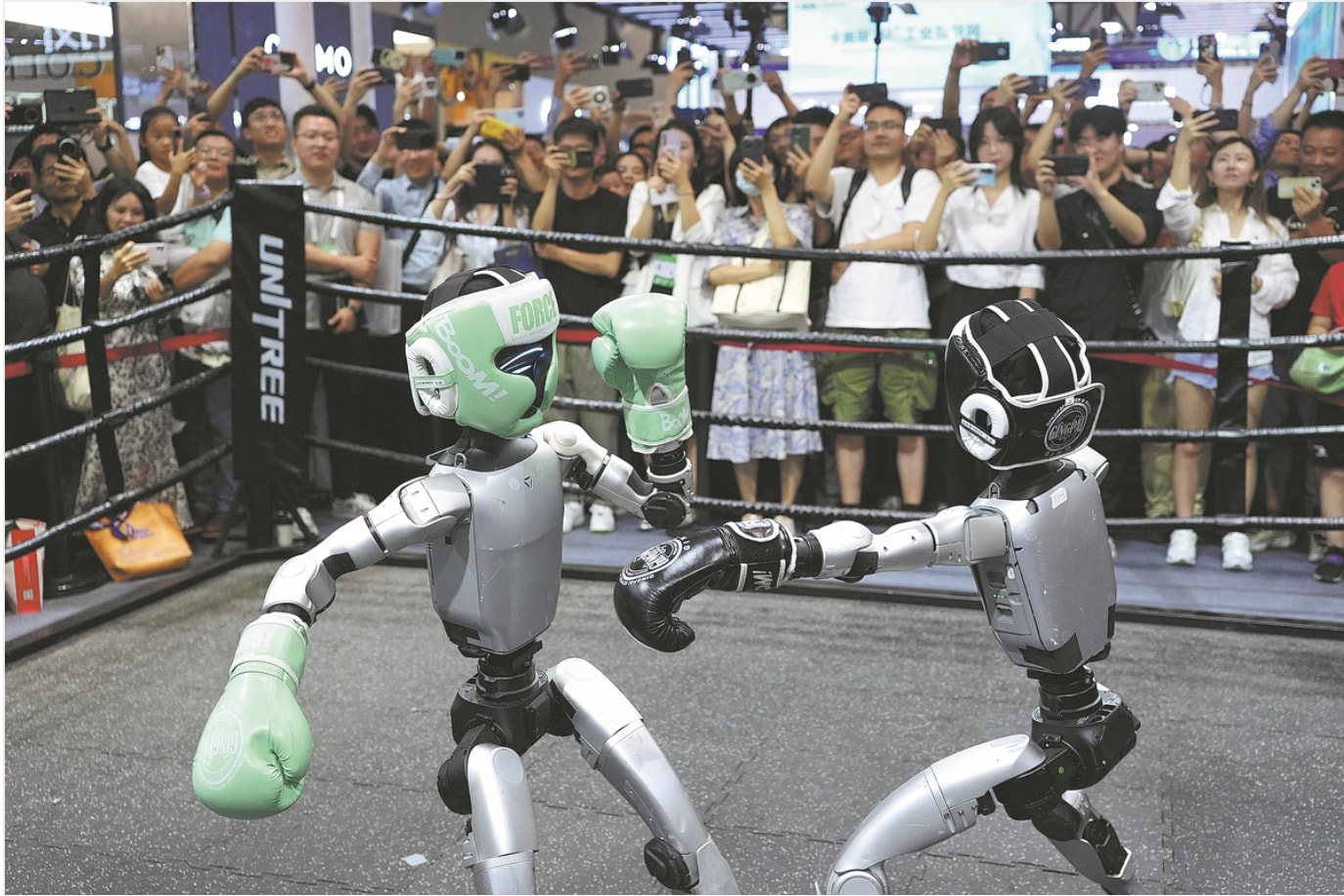 Một cuộc thi đấu quyền anh giữa các robot do Công ty Unitree Robotics tổ chức thu hút khách tham quan tại Hội nghị trí tuệ nhân tạo Thế giới 2025 ở Thượng Hải. Ảnh: Gao Erqiang/China Daily