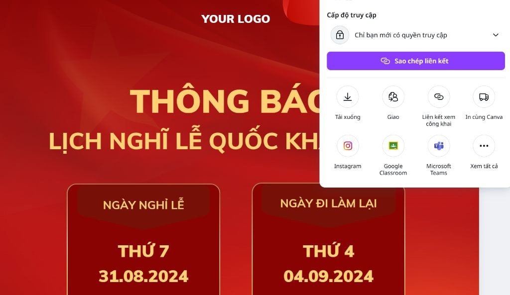 Bước 3 Lưu và chia sẽ mẫu thông báo nghỉ lễ Quốc khánh 2 9