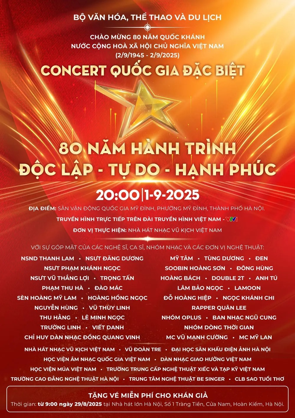 Cách để nhận vé miễn phí concert quốc gia đặc biệt 80 năm hành trình Độc lập - Tự do - Hạnh phúc