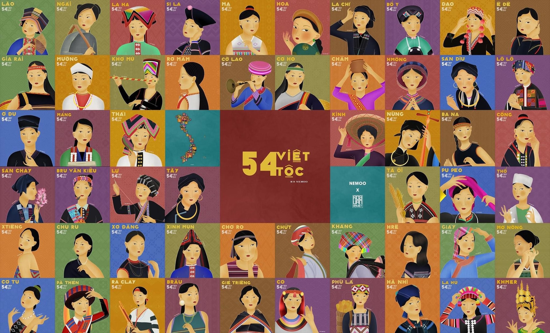 Bộ tranh “54 Việt Tộc” của Trương An Dân tái hiện vẻ đẹp phụ nữ trong trang phục truyền thống. Ảnh: H.N