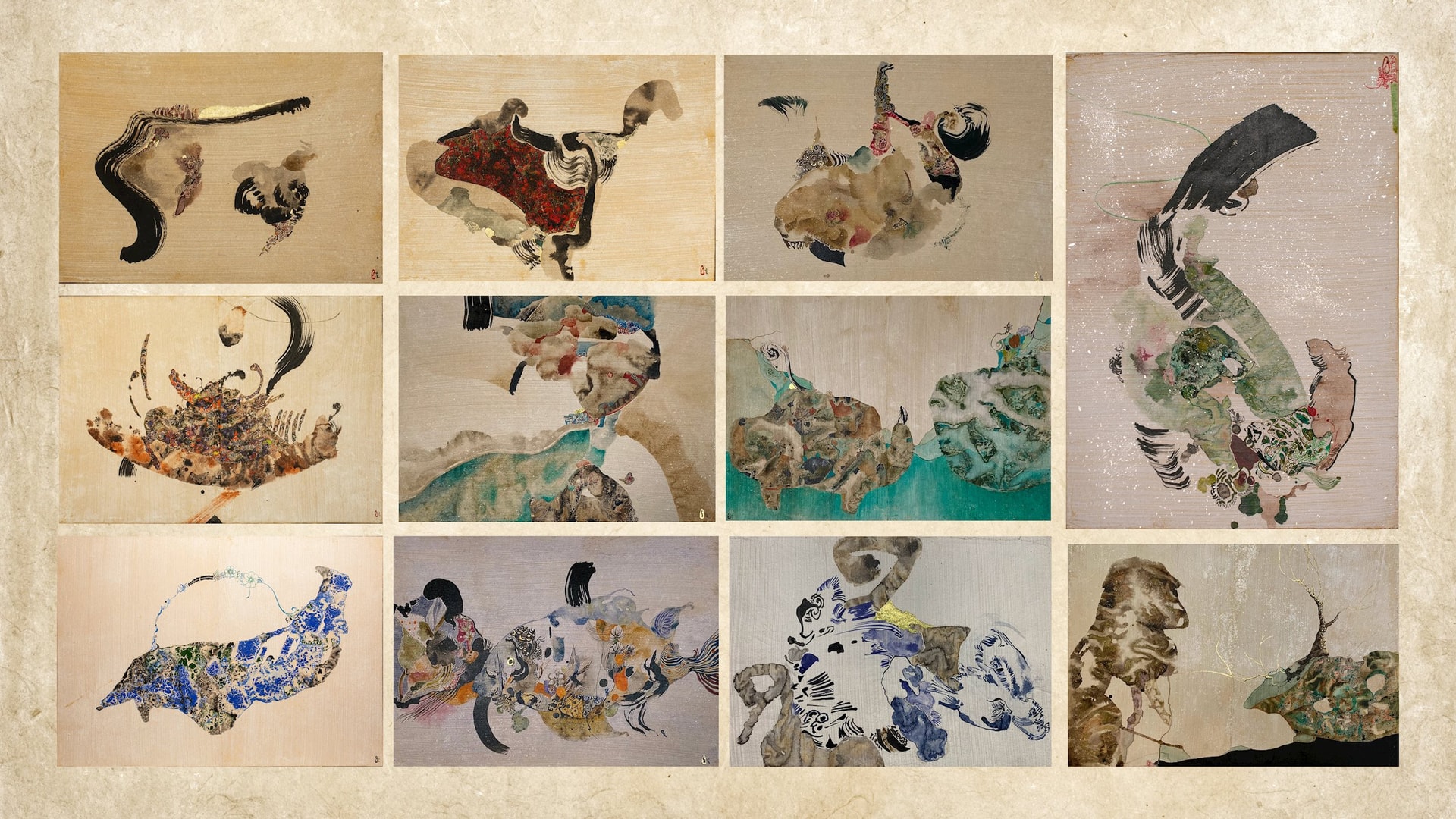 アイボリーとライトブラウン クリーン グリッド 家族 動画 コラージュ (1)