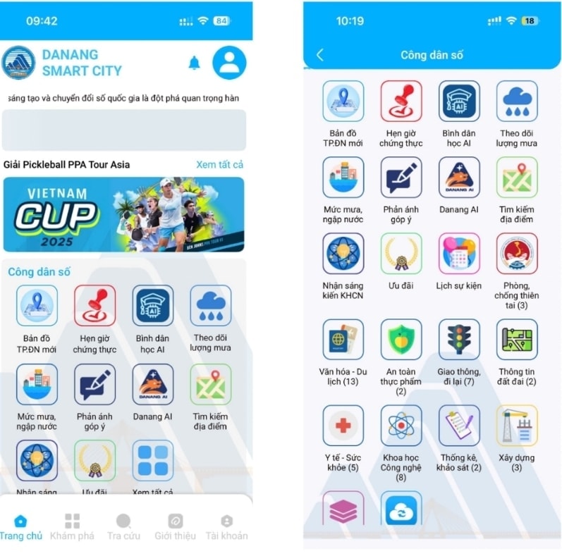 The interface of the Danang Smart City app features a wide range of digital utilities designed to serve residents.