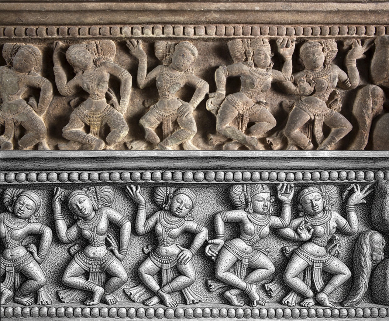 ลวดลายของแท่นบูชา Tra Kieu (พิพิธภัณฑ์ประติมากรรมจาม) ผ่านภาพถ่าย (ด้านบน) และสารสกัดหินบน Comemo (ด้านล่าง)
