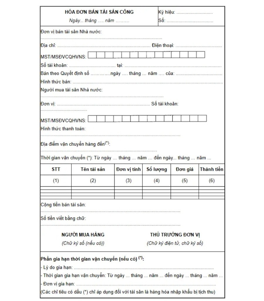 Mẫu hóa đơn điện tử bán tài sản công