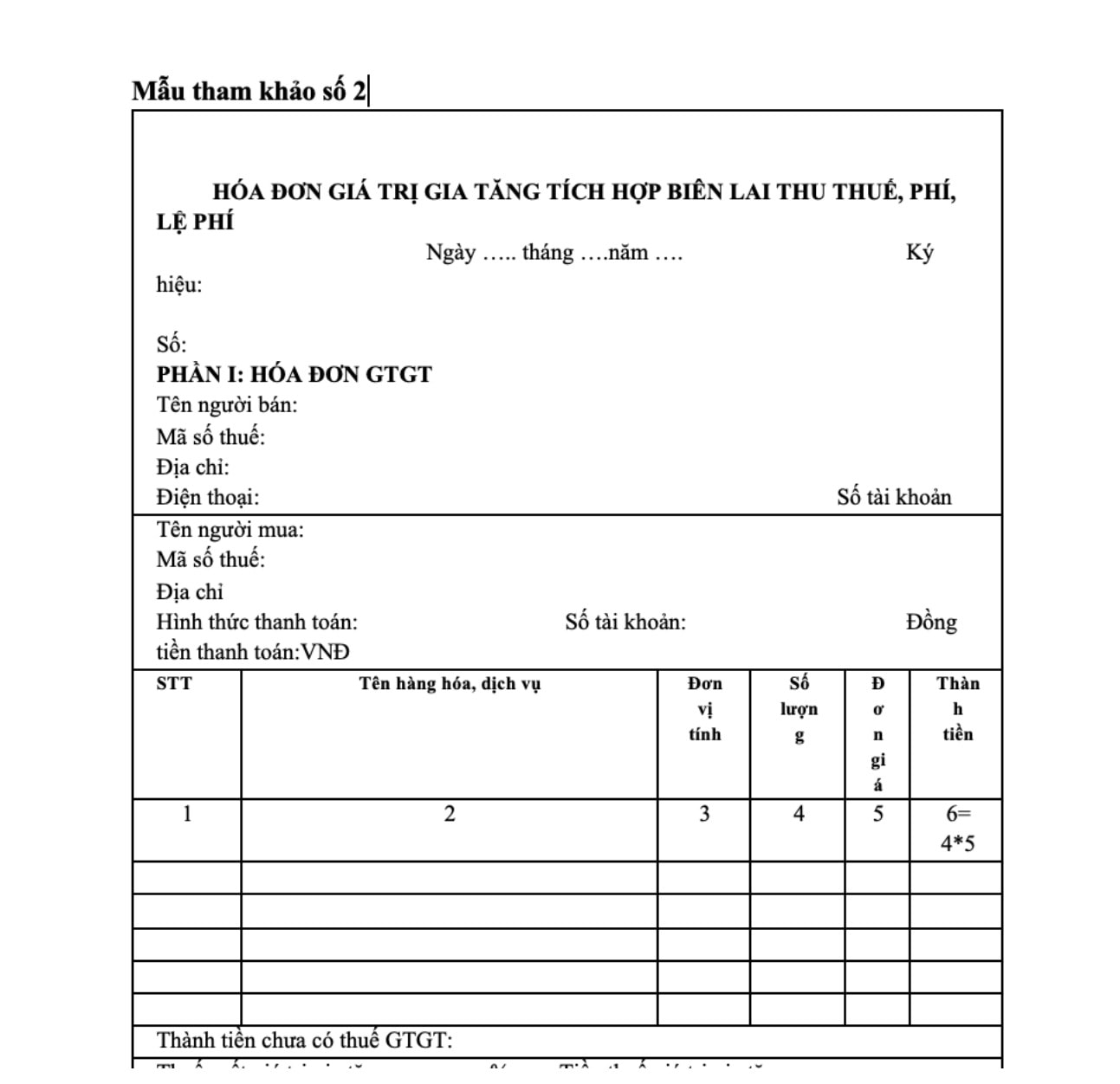 Mẫu hóa đơn giá trị gia tăng tích hợp biên lai thu thuế, phí, lệ phí