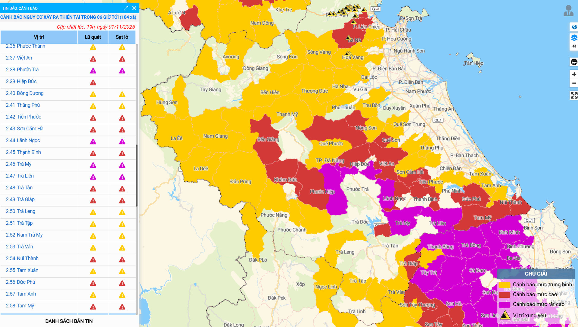 Harta avertizărilor privind inundațiile fulgerătoare și alunecările de teren în orașul Da Nang în seara zilei de 1 noiembrie. Sursa: Sistemul de avertizare privind alunecările de teren și inundațiile fulgerătoare.