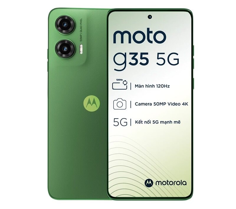 Điện thoại Motorola G35 5G với thiết kế mặt lưng da Vegan và cụm camera kép.