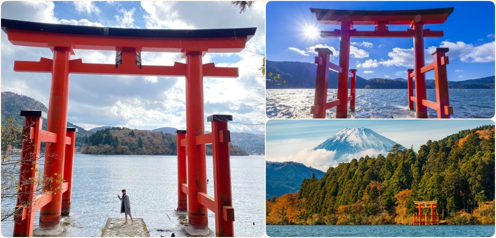 Cổng Torri Đỏ nổi giữa nền trời xanh thu hút nhiều khách du lịch.