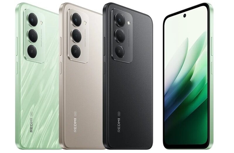 Điện thoại Xiaomi Redmi 15 5G màu xanh với cụm camera sau.